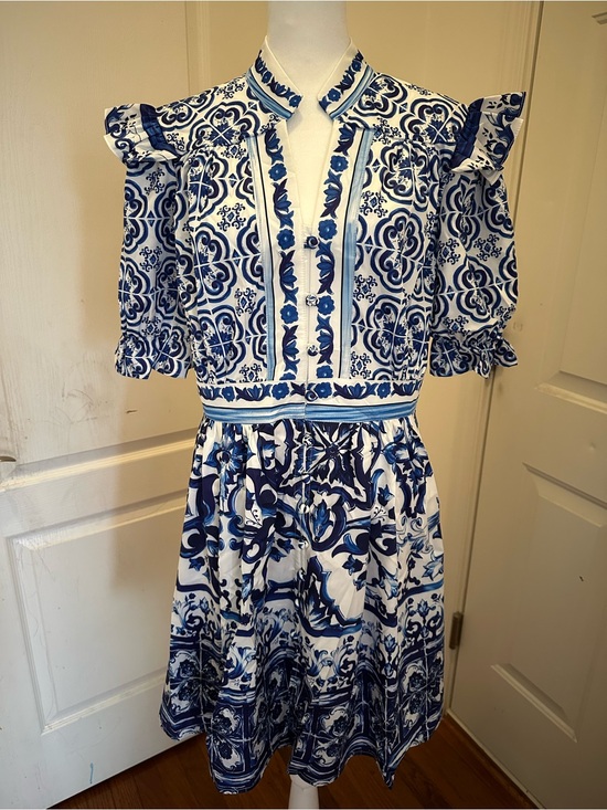 Dresses & Skirts - Lai Meng Five Cats Mini Dress Women's Blue White Floral Puff Sleeve NWT Size M